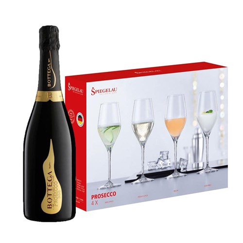 Bottega Vino dei Poeti Prosecco 75cl With A Set Of 4 Spiegelau Prosecco Glasses